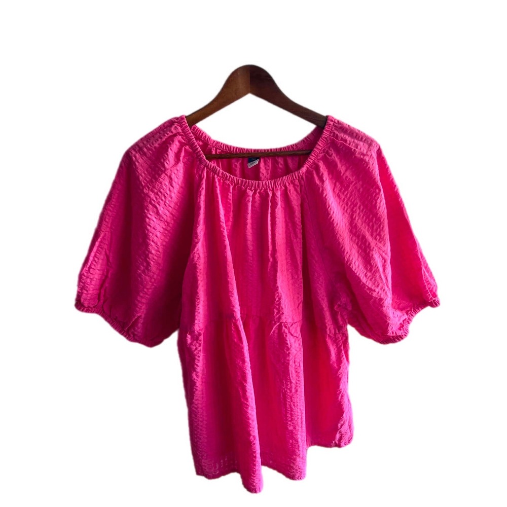 Old Navy Puff Sleeve Blouse Womens XL Tall Pink Excellent Seersucker Babydoll